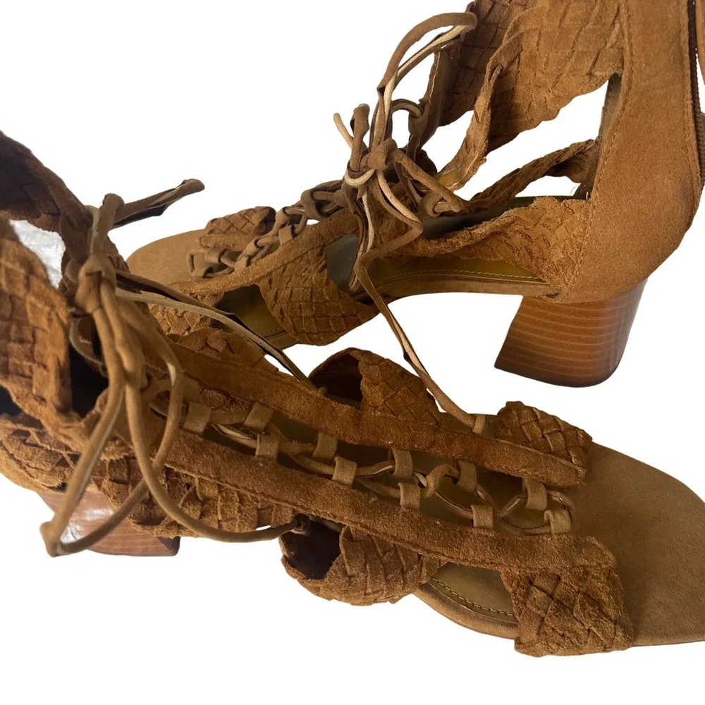 NWT Zara Basic Brown Woven Suede Strap Lace Up Sandals. Size 9 - Picture 5 of 12